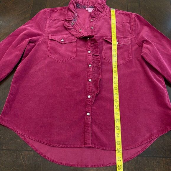 Sundance Burgundy Fine Corduroy Ruffle Front Pearl Snap Shirt Sz L Western Boho - Picture 7 of 8